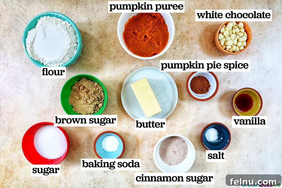 Pumpkin White Chocolate Chip Delights 4 Bowls of ingredients for pumpkin white chocolate chip cookies