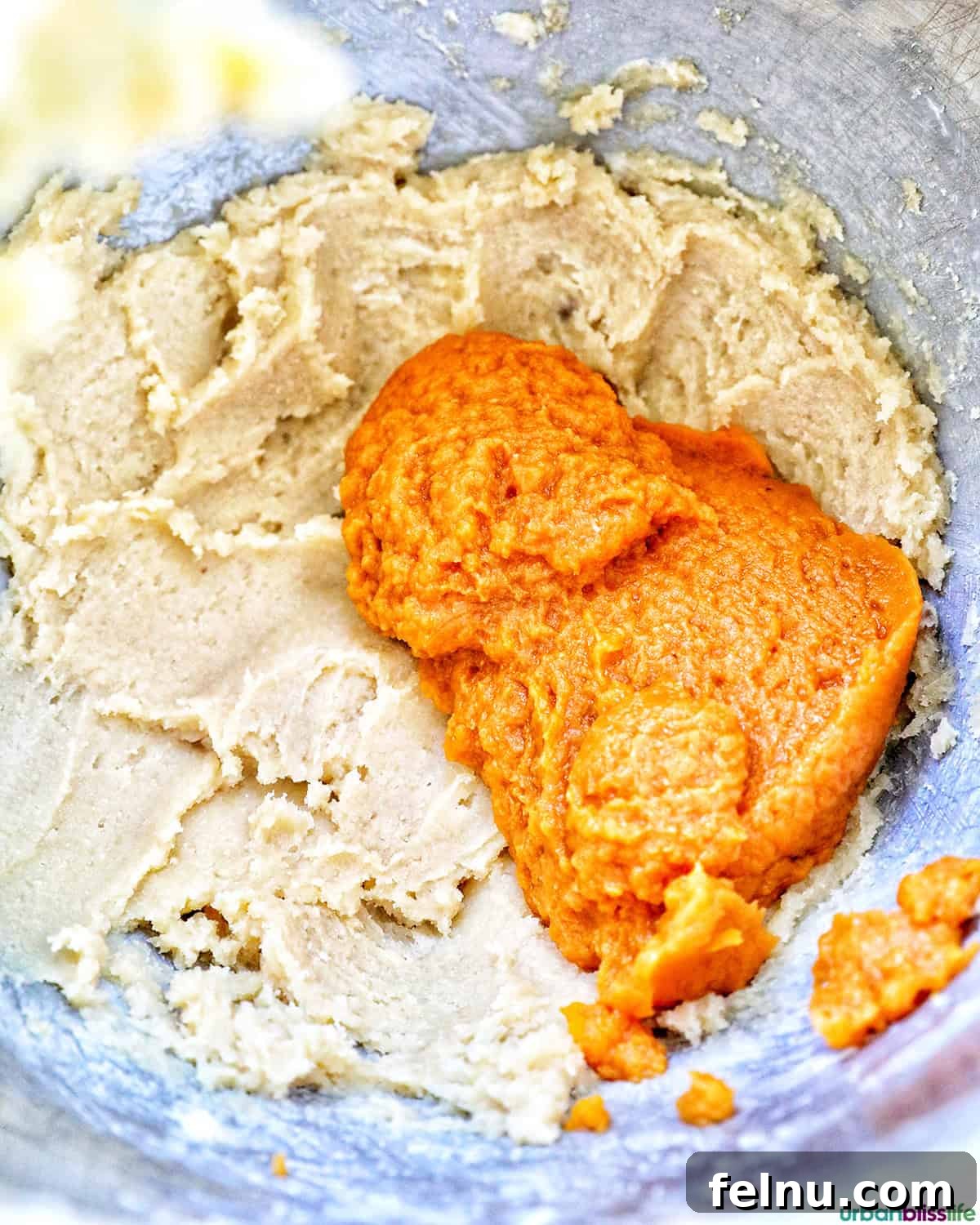 Pumpkin White Chocolate Chip Delights 9 Creamed butter and sugar with pumpkin puree on top