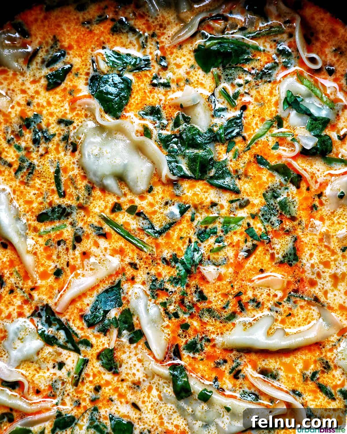 Aromatic Thai Red Curry Dumpling Soup 11 A finished pot of vibrant Thai Red Curry Dumpling Soup, ready to be served.