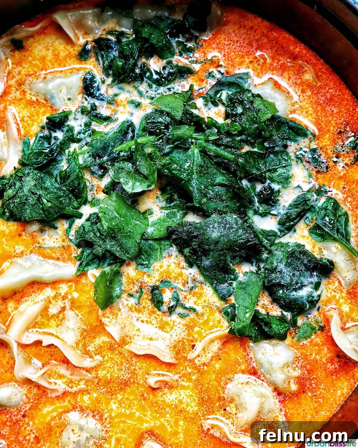 Aromatic Thai Red Curry Dumpling Soup 10 Fresh spinach being stirred into a pot of Thai red curry dumpling soup.