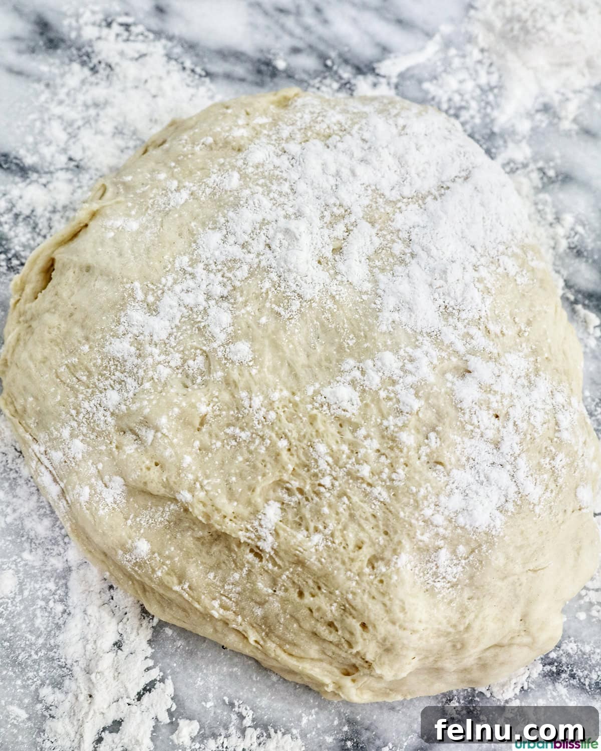 Floured dough ball on a surface, ready for rolling.