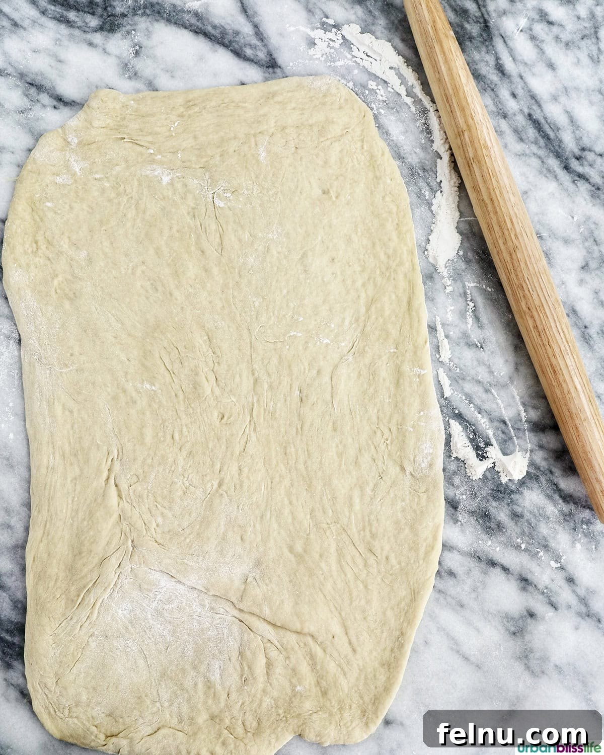 Dough rolled out into a large rectangle on a floured surface.