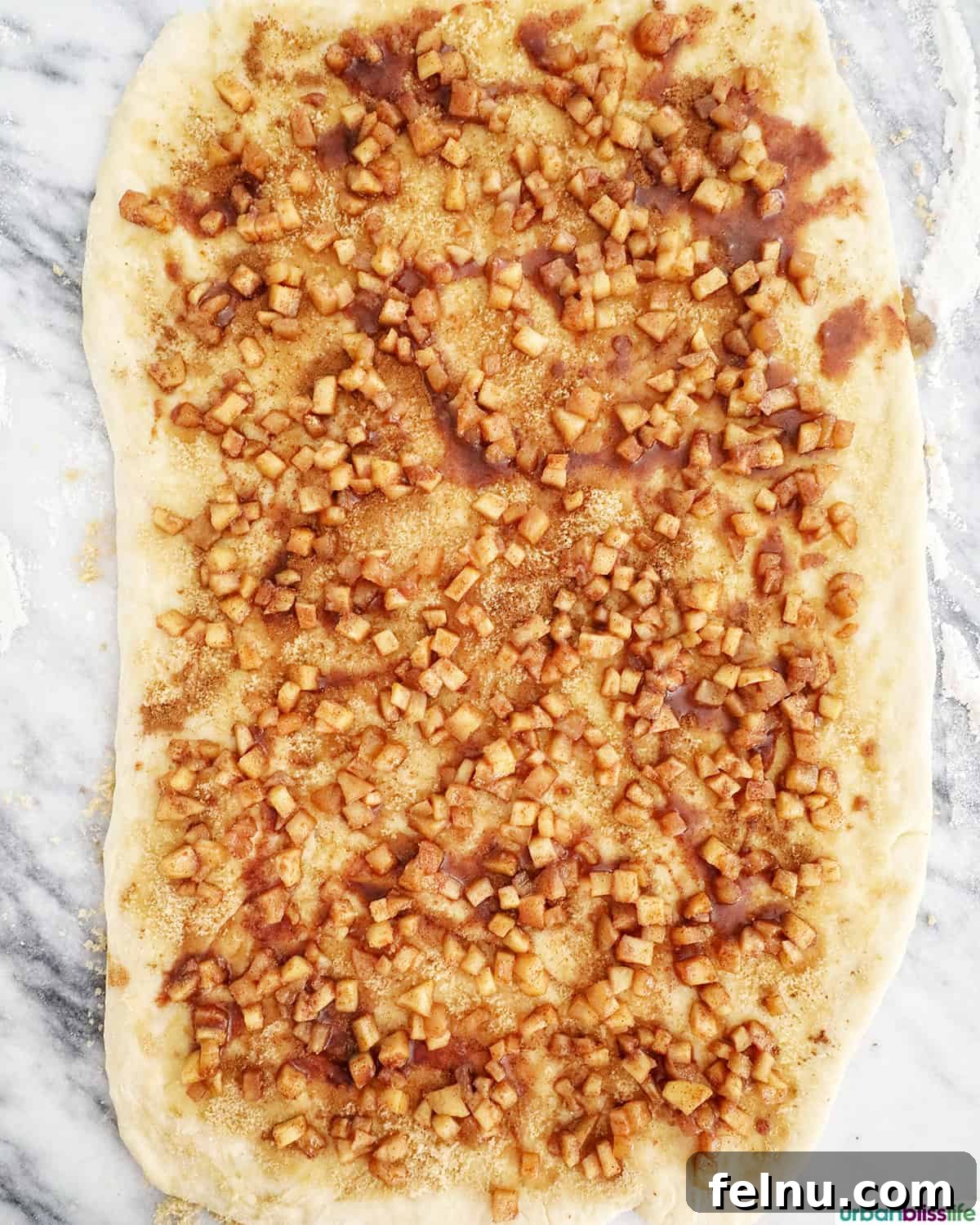 Warm apple pie filling spread over cinnamon sugar dough.