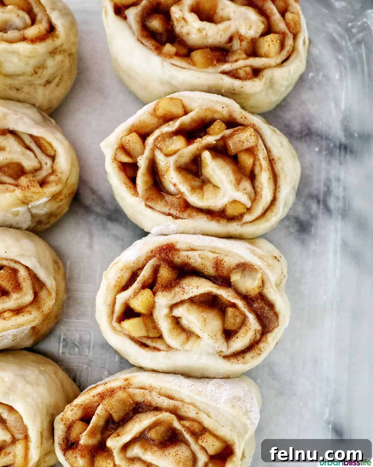 Raw apple pie cinnamon rolls placed in a baking dish, ready for their final rise.