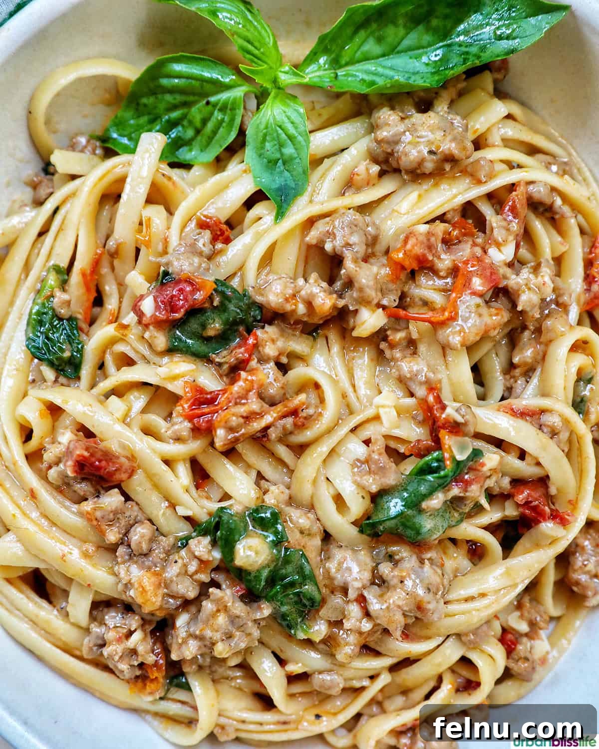 Tuscan Sausage Pasta Delight 2 Tuscan Sausage Pasta served in a bowl