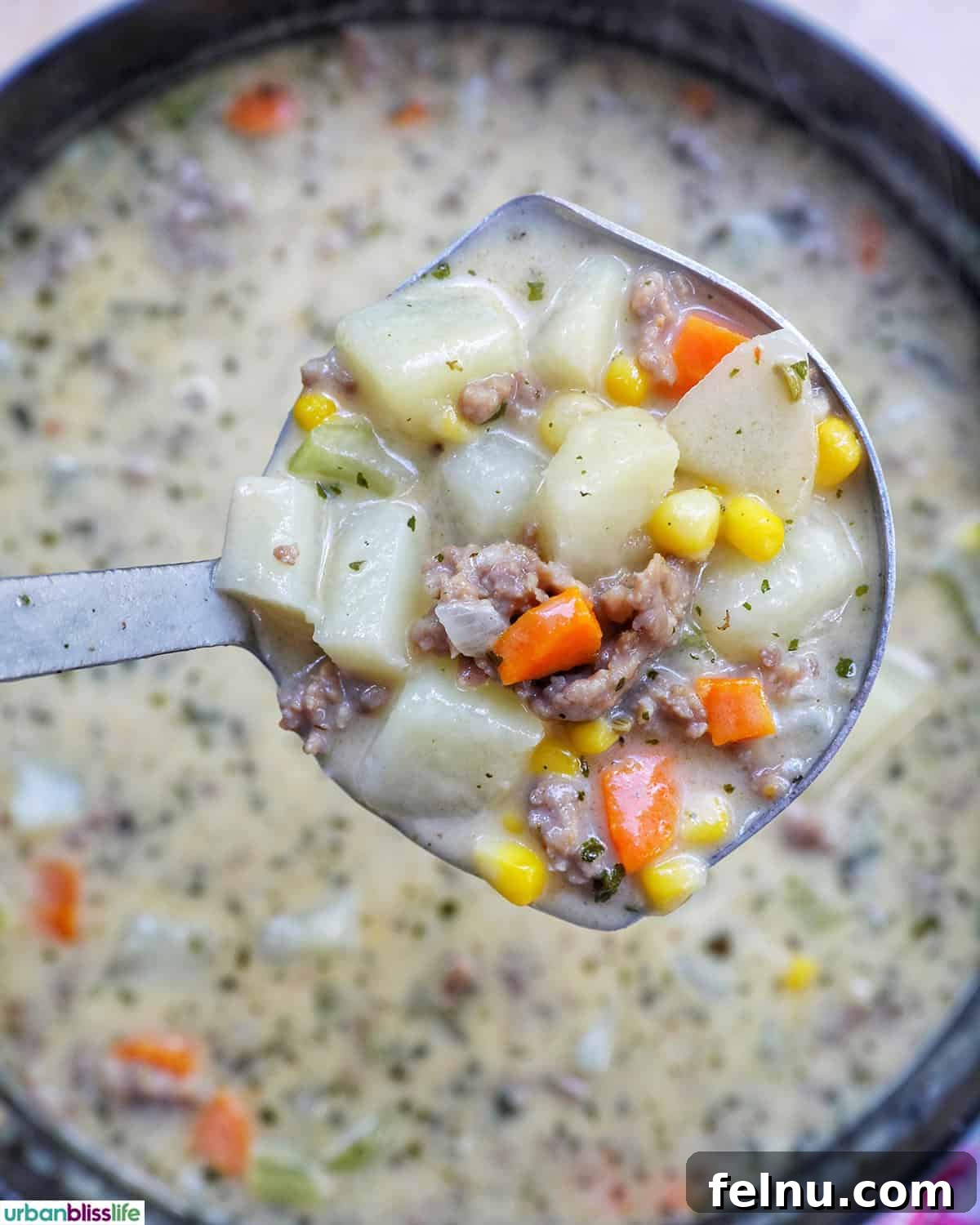 Smoky Sausage and Sweet Corn Chowder 14 A ladle scooping a portion of rich and creamy corn and sausage chowder from the pot.