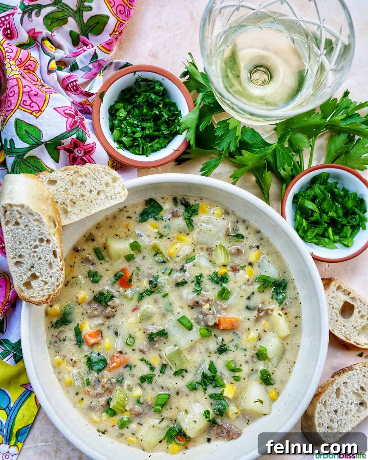 Smoky Sausage and Sweet Corn Chowder 18 A bowl of corn and sausage chowder with a glass of white wine, suggesting a perfect pairing.