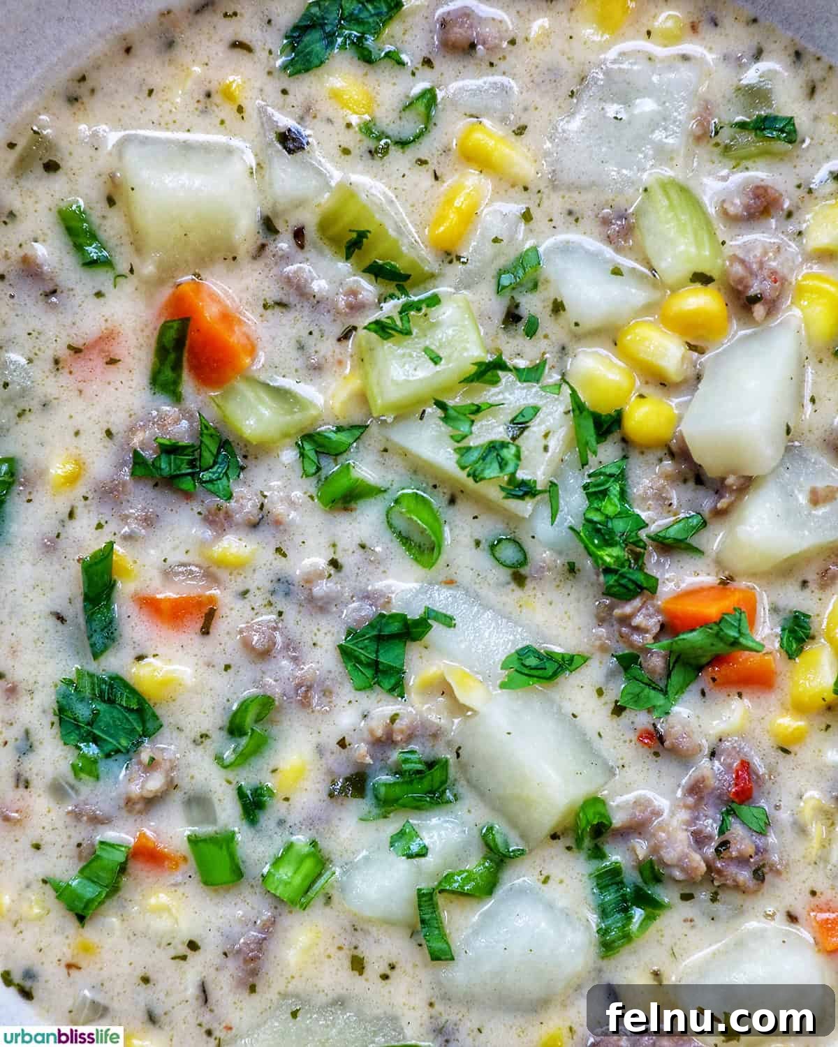 Smoky Sausage and Sweet Corn Chowder 3 Close-up view of creamy corn and sausage chowder, showing rich texture and vibrant ingredients.