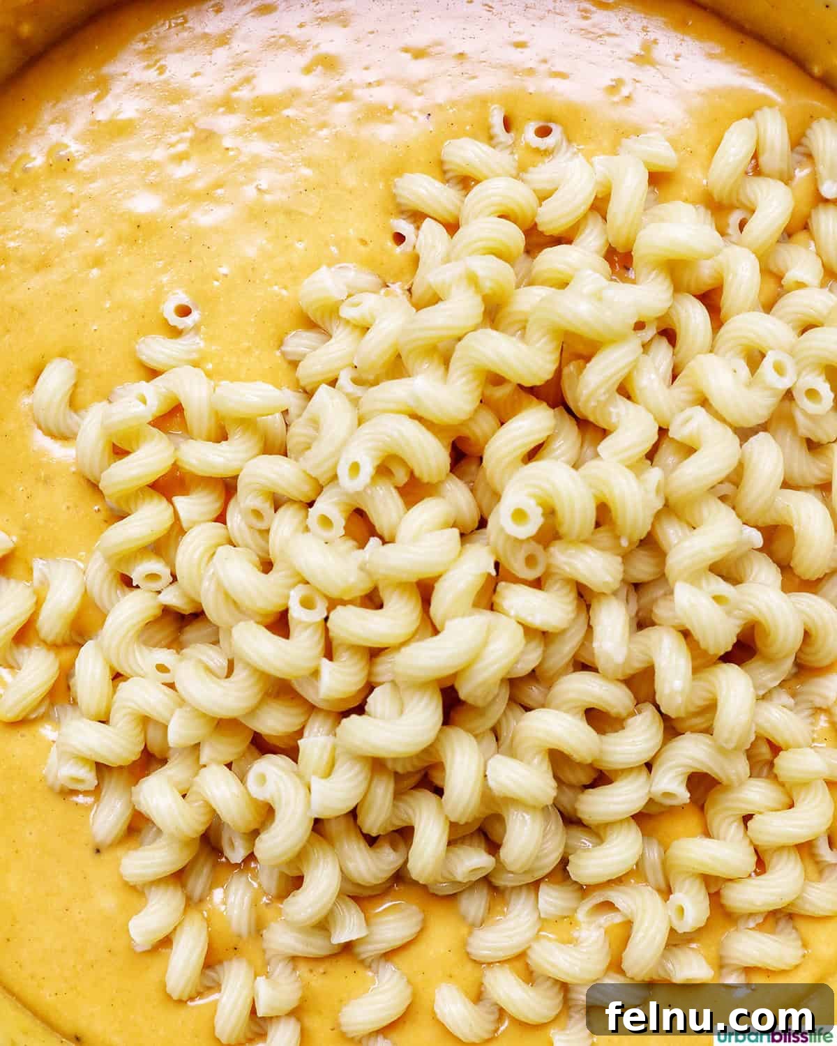 Al dente pasta being gently added to the luscious cheese sauce in a large pan, ready to be combined.