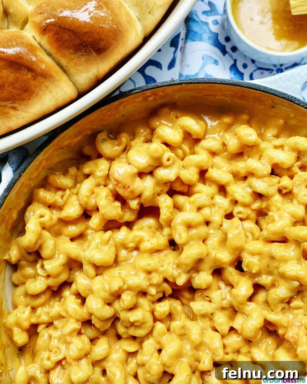 A serving of creamy lobster mac and cheese beautifully presented alongside warm honey butter rolls, making for a complete meal.