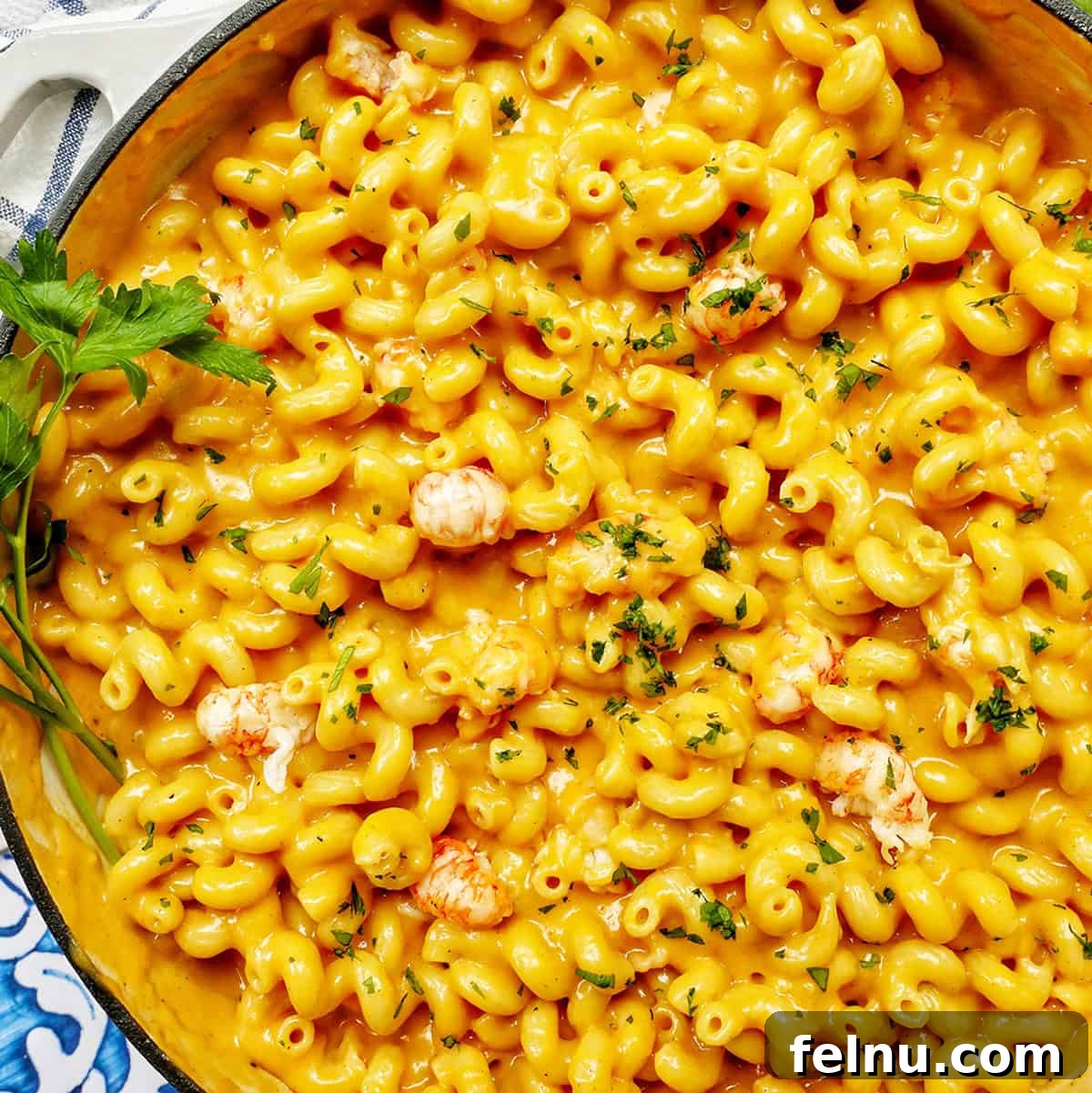 A large pan filled with the finished creamy lobster mac and cheese, ready to be served.