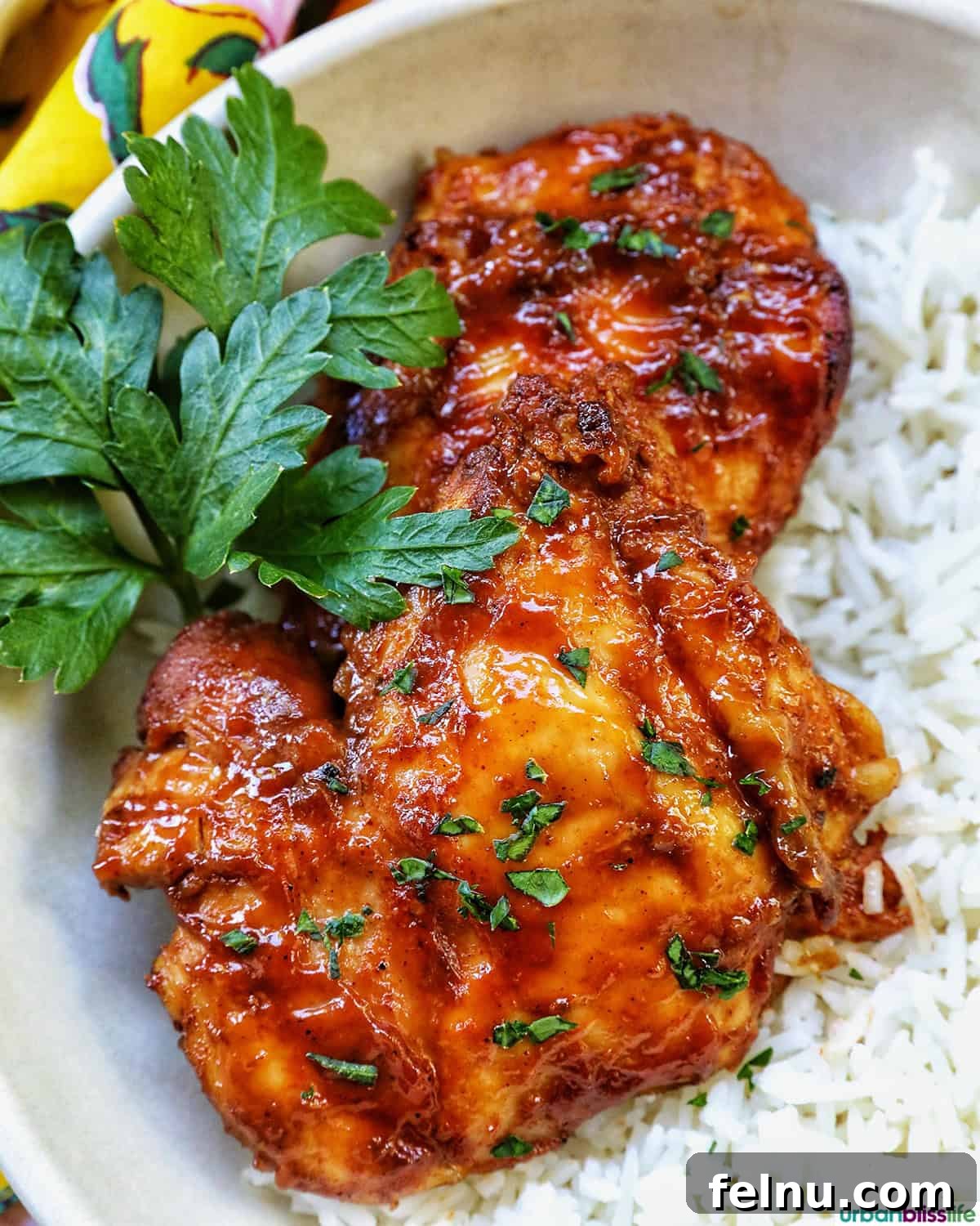 Budget-Friendly Recipes 7 A comforting bowl of slow cooker barbecue chicken thighs with rice.