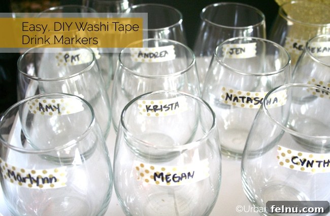 DIY Washi Tape Drink Markers on Glasses - A close-up showing how washi tape can be used to personalize stemless wine glasses.