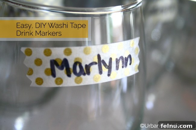 DIY Washi Tape Drink Marker on a Glass - A detailed view showing the washi tape adhered to a stemless wine glass with a name written on it.