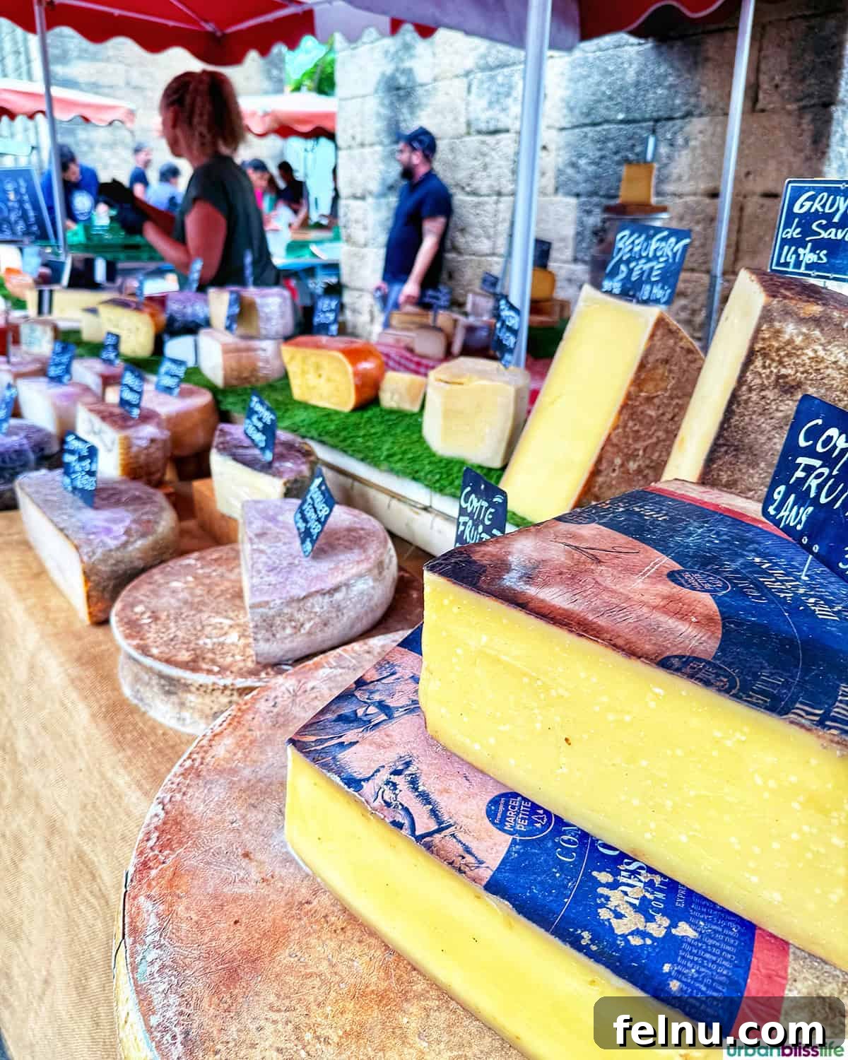 Montpellier Magic: Your Guide to a French Gem 12 A colorful cheese stall at Marché aux Arceaux in Montpellier, France, with a tempting variety of local cheeses.