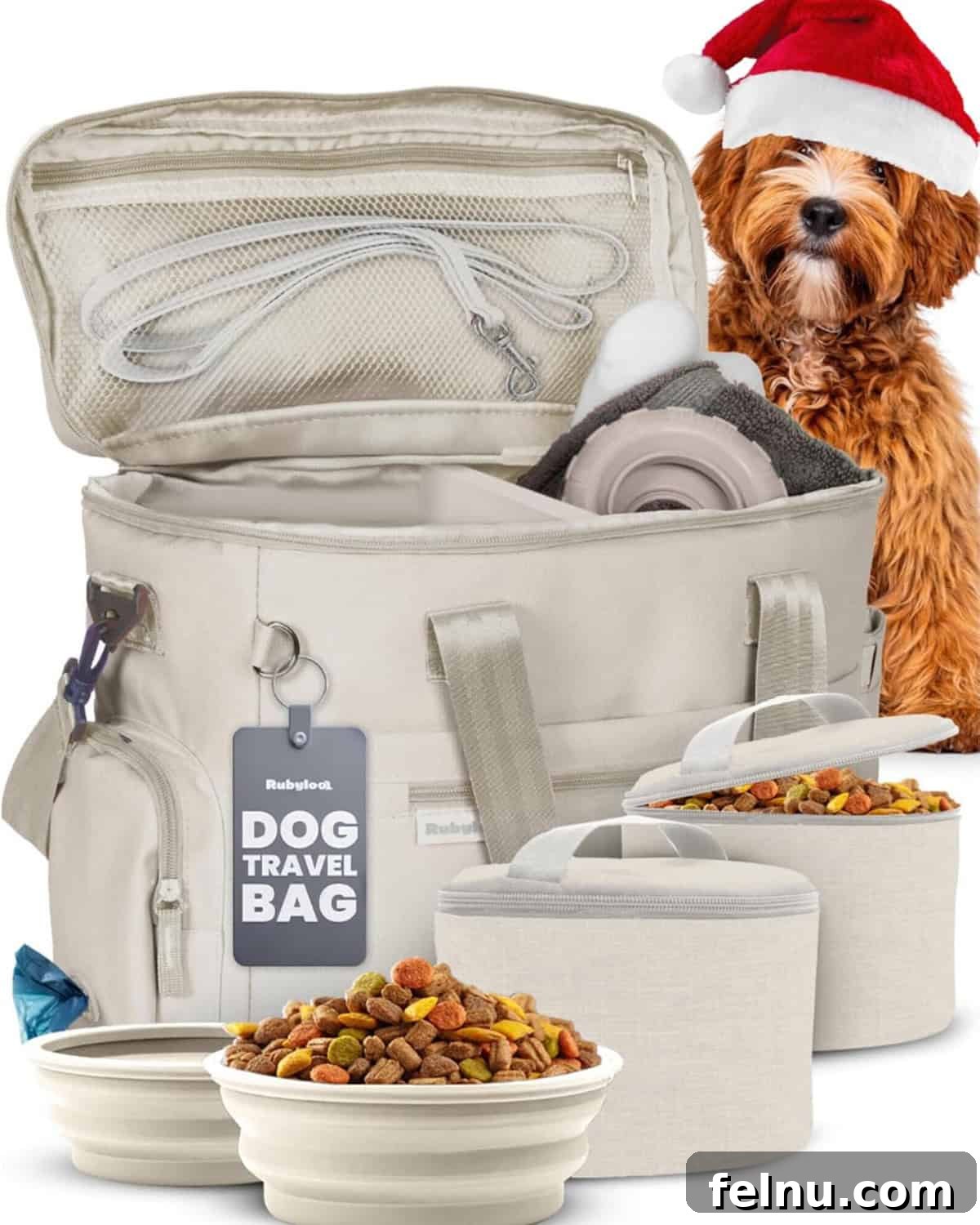 Top Dog Gifts for 2025 7 Dog travel bag contains travel bowls, food containers, and space for toys.