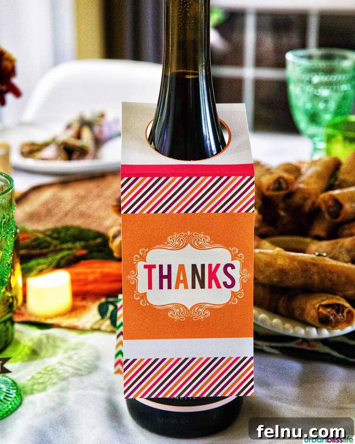 Friendsgiving Feast: A Celebration of Gratitude and Good Food 13 A bottle of wine with a custom "Thanks" label, perfect for Friendsgiving.