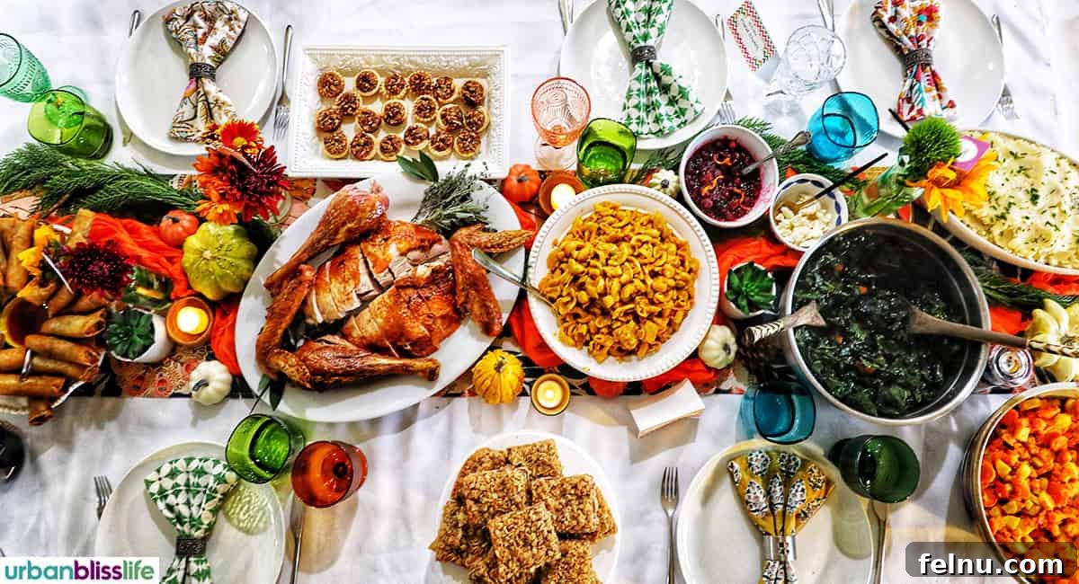 Friendsgiving Feast: A Celebration of Gratitude and Good Food 4 A festive Friendsgiving Thanksgiving table adorned with a turkey, mini pecan pies, and butternut squash mac and cheese.