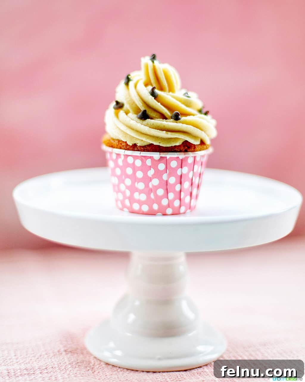 Chocolate Chip Cookie Dough Dream Cupcakes 3 Single Chocolate Chip Cupcake with Cookie Dough Frosting on a pink background