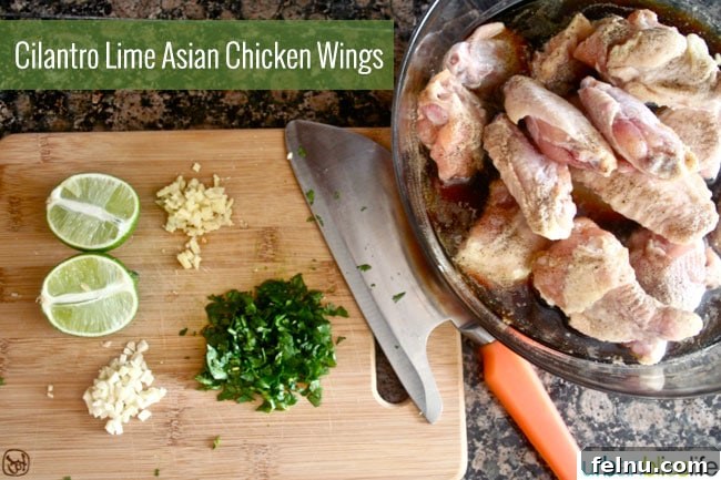 Asian Zing: Cilantro-Lime Chicken Wings 3 Limes, cilantro, and chicken wings ready for preparation