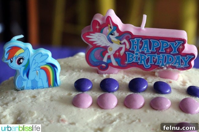 Sparkle and Shine Equestria Girls Party 3 Close-up of My Little Pony Equestria Girls birthday candles on the ombre cake
