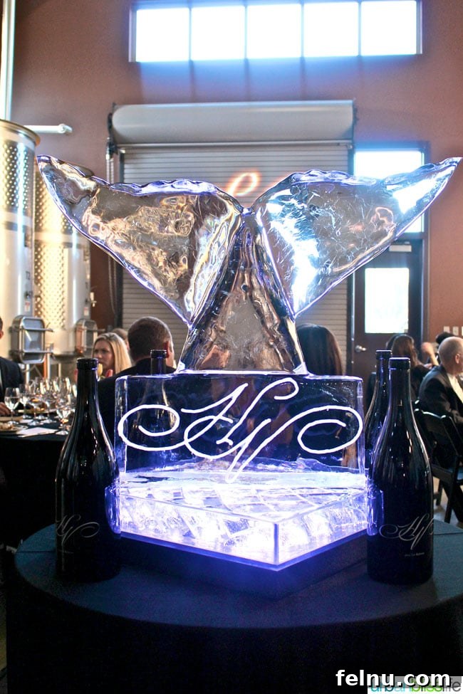La Baleine's Grand Unveiling at Hawks View Cellars 2 Stunning ice sculpture of a whale's tale with Hawks View logo