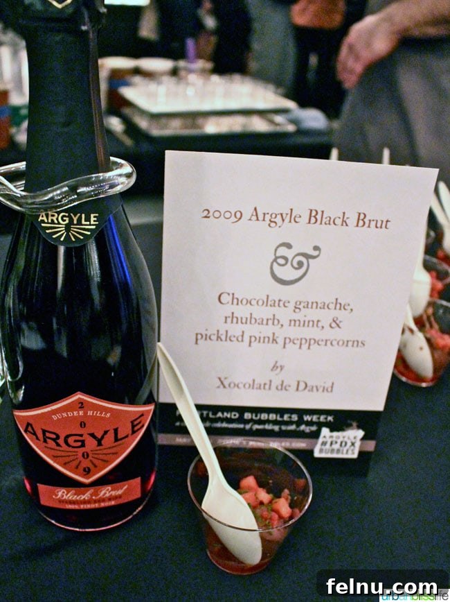 Rose City Bubbles Celebration 3 Chocolate ganache dessert with Szechuan peppercorns paired with Argyle Black Brut