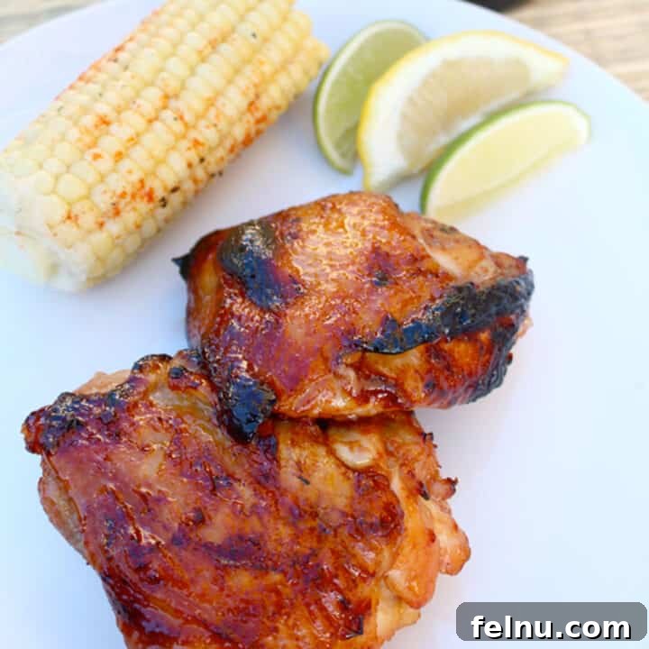 Cider ginger grilled chicken presented with a side of corn.