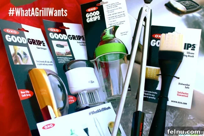 Ginger-Infused Grilled Chicken with Apple Cider Glaze 6 A collection of OXO Grilling Tools, including tongs, a basting brush, and a salad dressing container, ready for action.