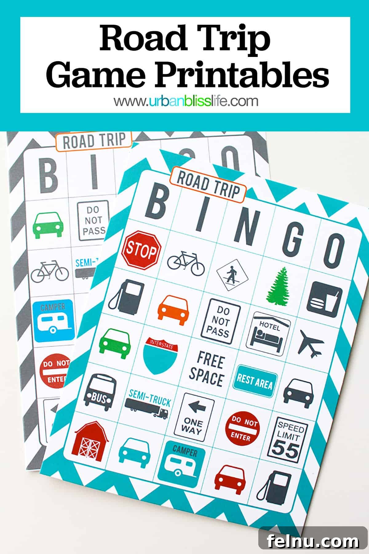 Fun Free Printable Games for Road Trips 2 Colorful road trip printable bingo cards spread out, ready for play, promising hours of family fun on the road.
