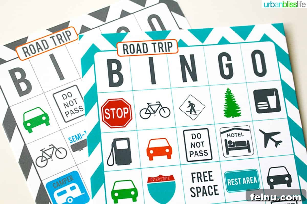 Fun Free Printable Games for Road Trips 5 Multiple colorful road trip printable bingo cards, clearly laid out and ready for an exciting game, ensuring variety and fun.