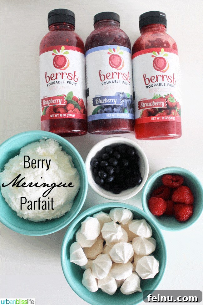 Ingredients for Berry Meringue Parfait - Meringue cookies, whipped cream, berries, and berry puree.