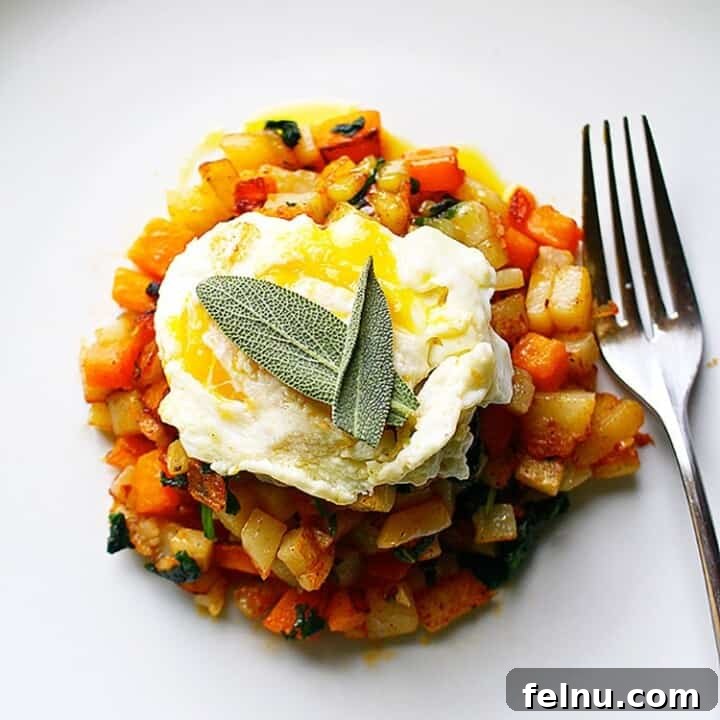 Butternut Squash Hash topped with sage and egg