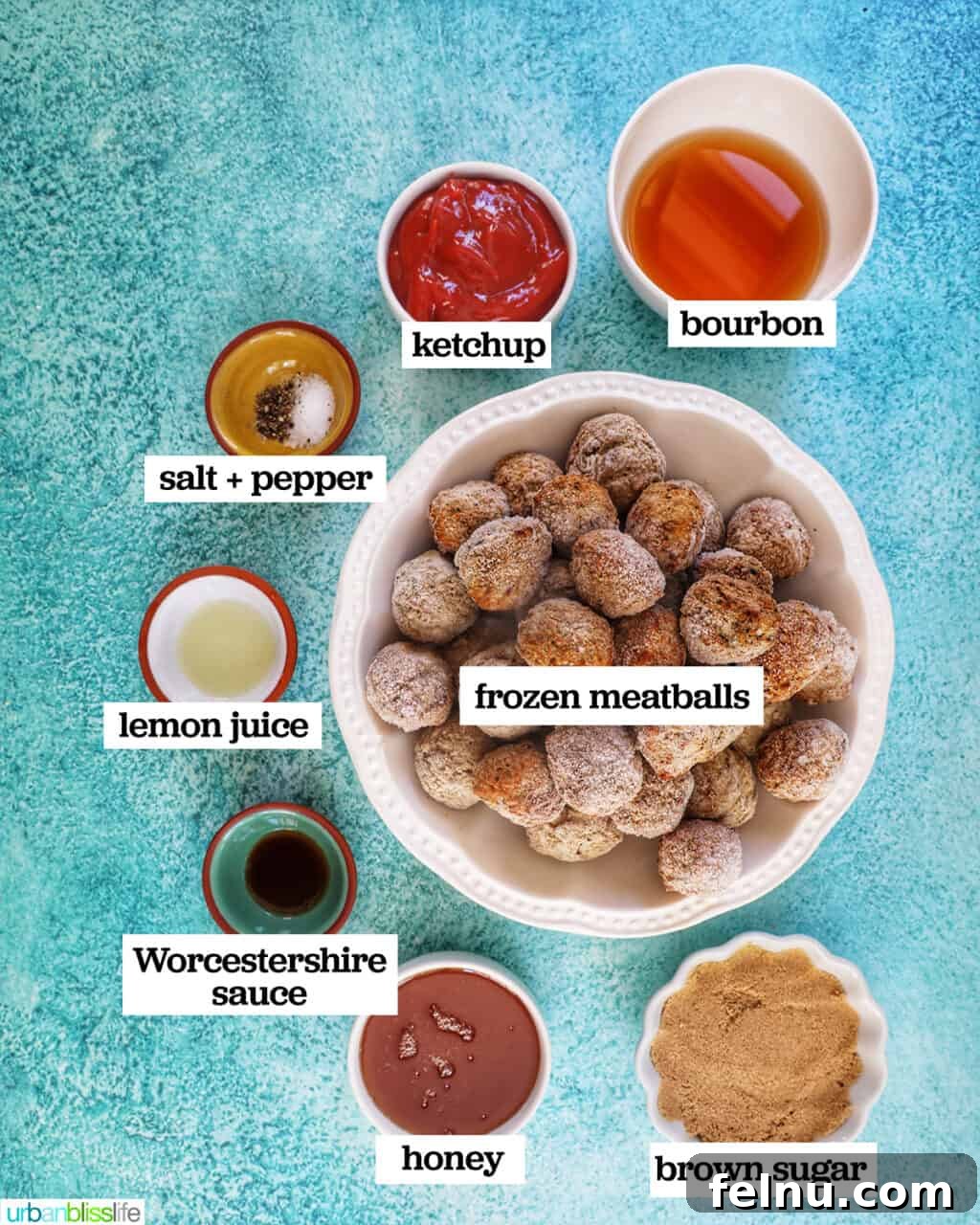 Honey Bourbon Glazed Meatballs (Slow Cooker Recipe) 4 Bowls filled with ingredients for slow cooker honey bourbon meatballs.