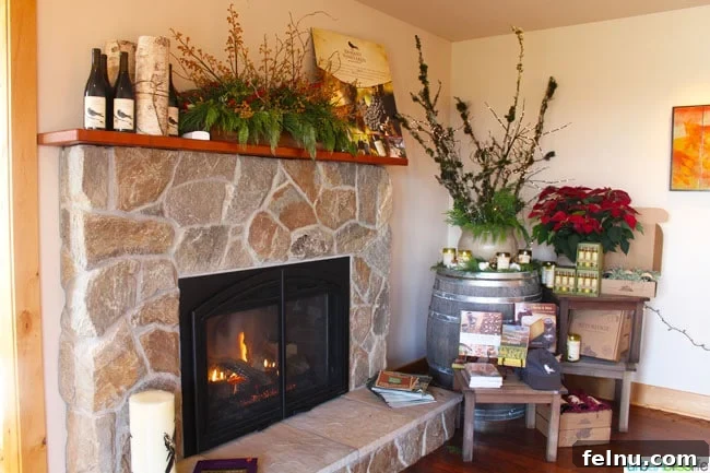 Sip, Savor, & Celebrate: Your 5-Stop Oregon Wine Country Girls' Weekend 9 Durant Vineyards Oregon wine tasting room with fireplace, creating a cozy atmosphere