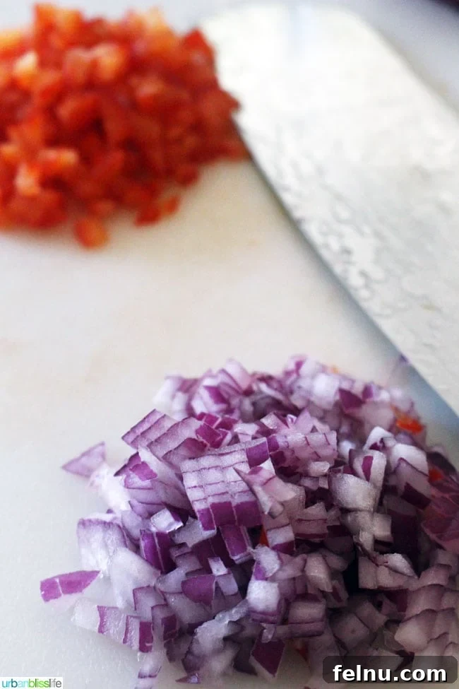 chopped red onions and peppers