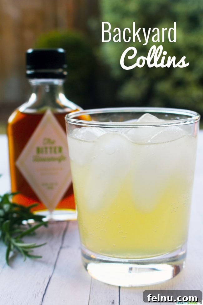 The Summer Backyard Gin Fizz 4 Close-up of a Backyard Collins summer gin cocktail garnished with fresh rosemary and citrus