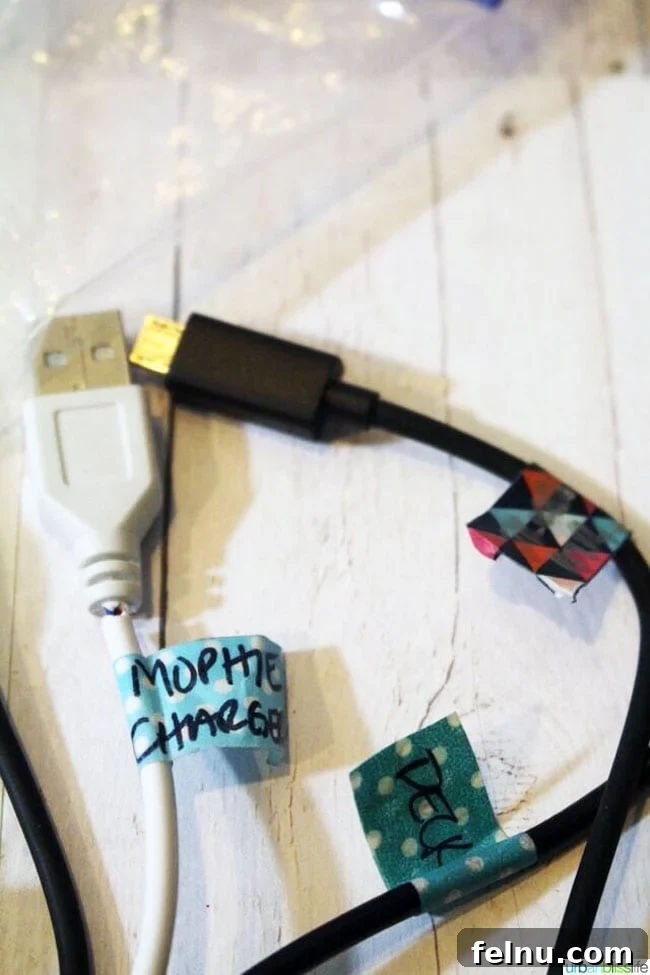 Essential Road Trip Tips Plus Your Free Planner 6 Washi Tape Chargers DIY idea on UrbanBlissLife.com - a clever way to organize charging cords for tech devices.