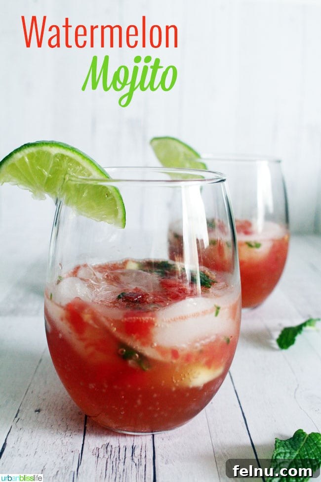 Crimson Crush Mojito 2 A refreshing Watermelon Mojito cocktail served in a glass with mint and lime garnish.