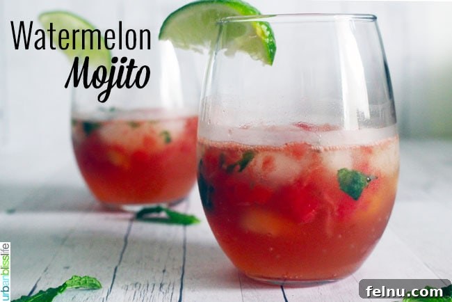 Crimson Crush Mojito 4 A beautifully garnished Watermelon Mojito glass ready to be enjoyed.