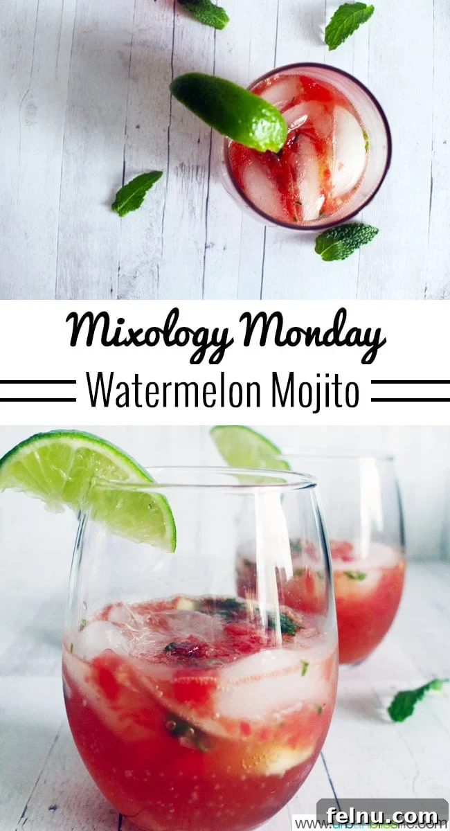 Crimson Crush Mojito 6 Beautifully presented Watermelon Mojito cocktails, emphasizing their refreshing appeal.