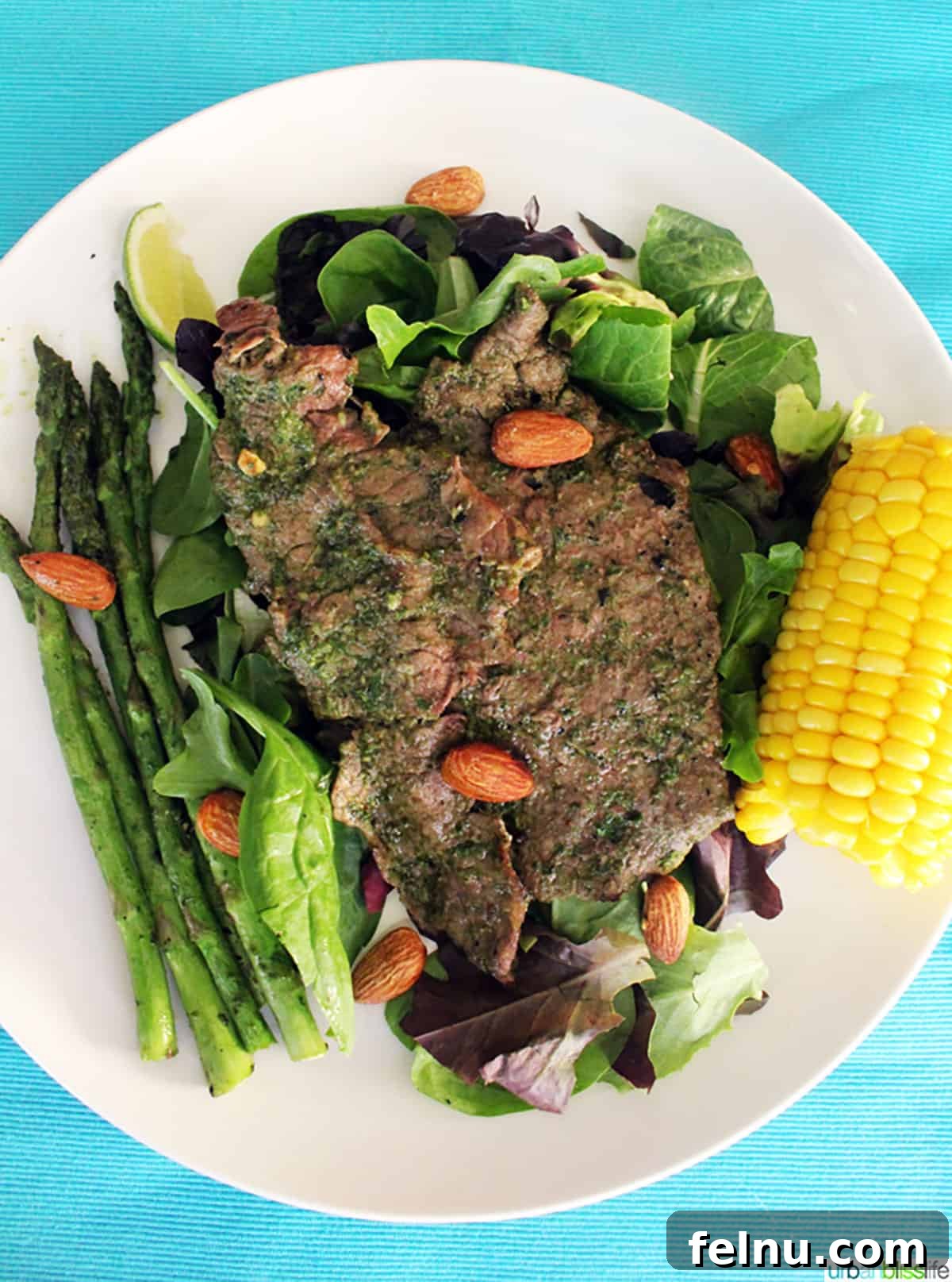 Grilled Steak with Basil Pesto 7 Pesto steak with almonds, asparagus and corn