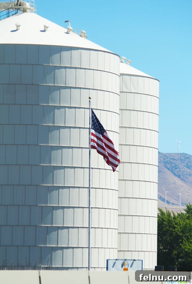 Rose City to Gem State A Northwest Drive 8 A quintessential American scene in Oregon featuring white silos and a proudly waving flag, captured during travel on UrbanBlissLife.com.