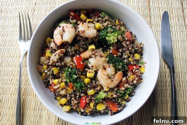 Shrimp Quinoa Garden Bowl 3 Overhead shot of a delicious Shrimp and Veggie Quinoa Bowl, perfect for a balanced meal