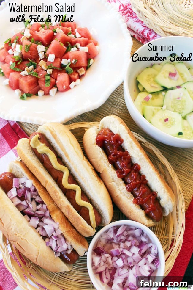Vibrant Summer Side Salads paired with grilled hot dogs, perfect for an outdoor meal