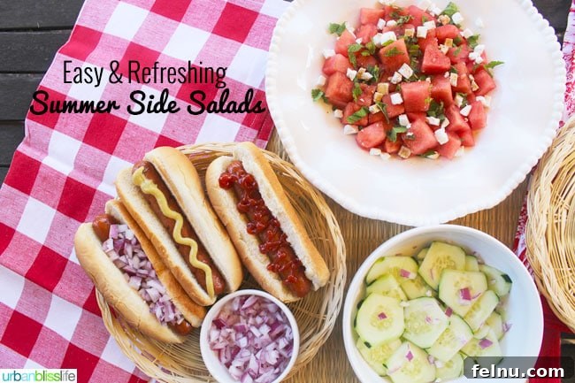 Close-up of fresh and easy summer salad recipes, featuring a watermelon feta mint salad and a cucumber salad