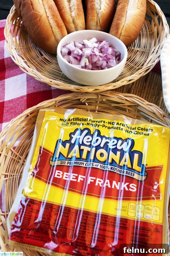 Grilled Hebrew National Hot Dogs, ready to be served with summer sides