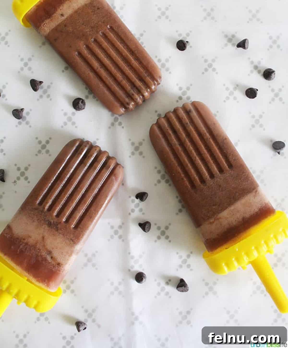 Plant-Based Chocolate Peanut Butter Fudge Pops with Chocolate Chunks 5 Four chocolate peanut butter popsicles neatly arranged, showcasing their appealing texture.
