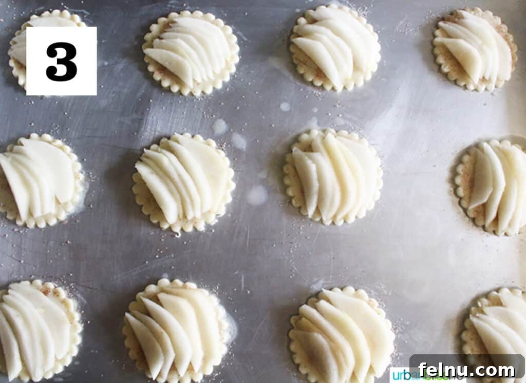 Golden Pear Bites 5 Unbaked pear tartlets arranged in neat rows on a baking sheet, with delicate fanned pear slices nestled on circular dough bases, ready for the oven.