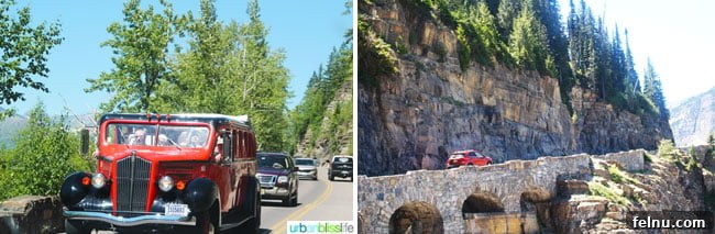 Exploring the Crown of the Continent 14 Left: Historic Red Bus Tour vehicle parked on a mountain road. Right: Narrow, winding section of the Going-to-the-Sun Road with a steep drop-off.